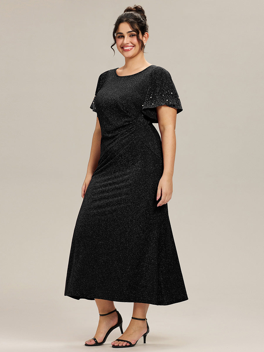 Color=Black | One Stop Shop Plus Size Short Sleeve Ruffle Beaded Fishtail Maxi Evening Dresses-Black 10