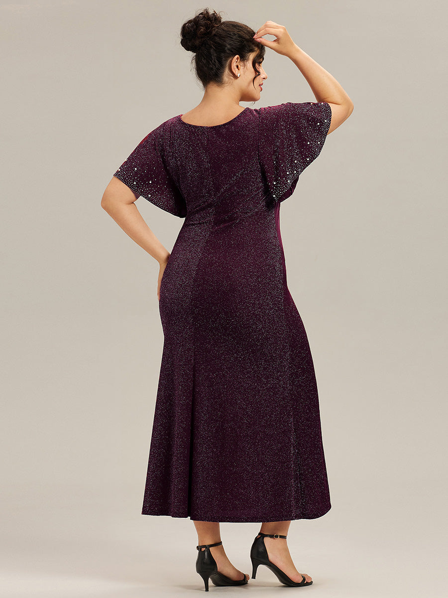 Color=Dark Purple | One Stop Shop Plus Size Short Sleeve Ruffle Beaded Fishtail Maxi Evening Dresses-Dark Purple 12