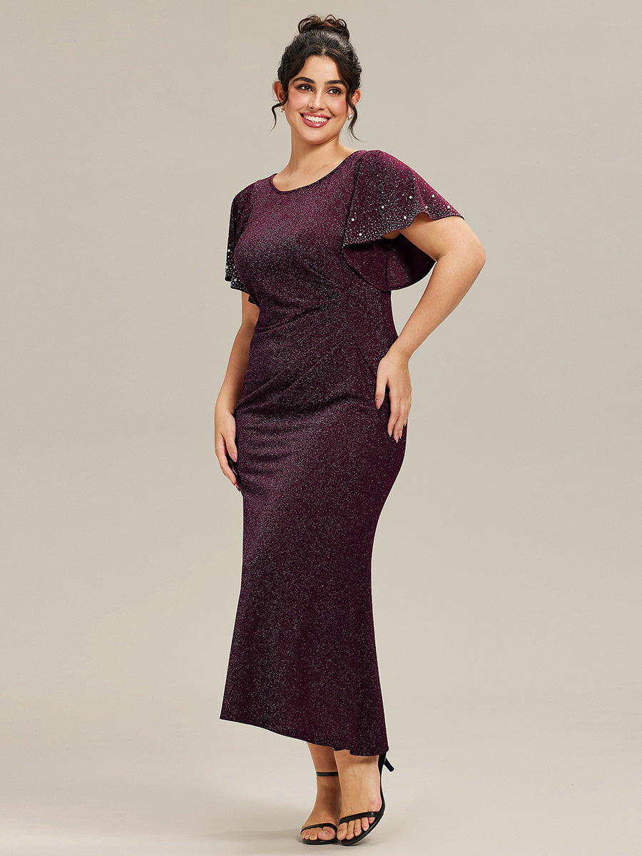 Color=Dark Purple | One Stop Shop Plus Size Short Sleeve Ruffle Beaded Fishtail Maxi Evening Dresses-Dark Purple 14