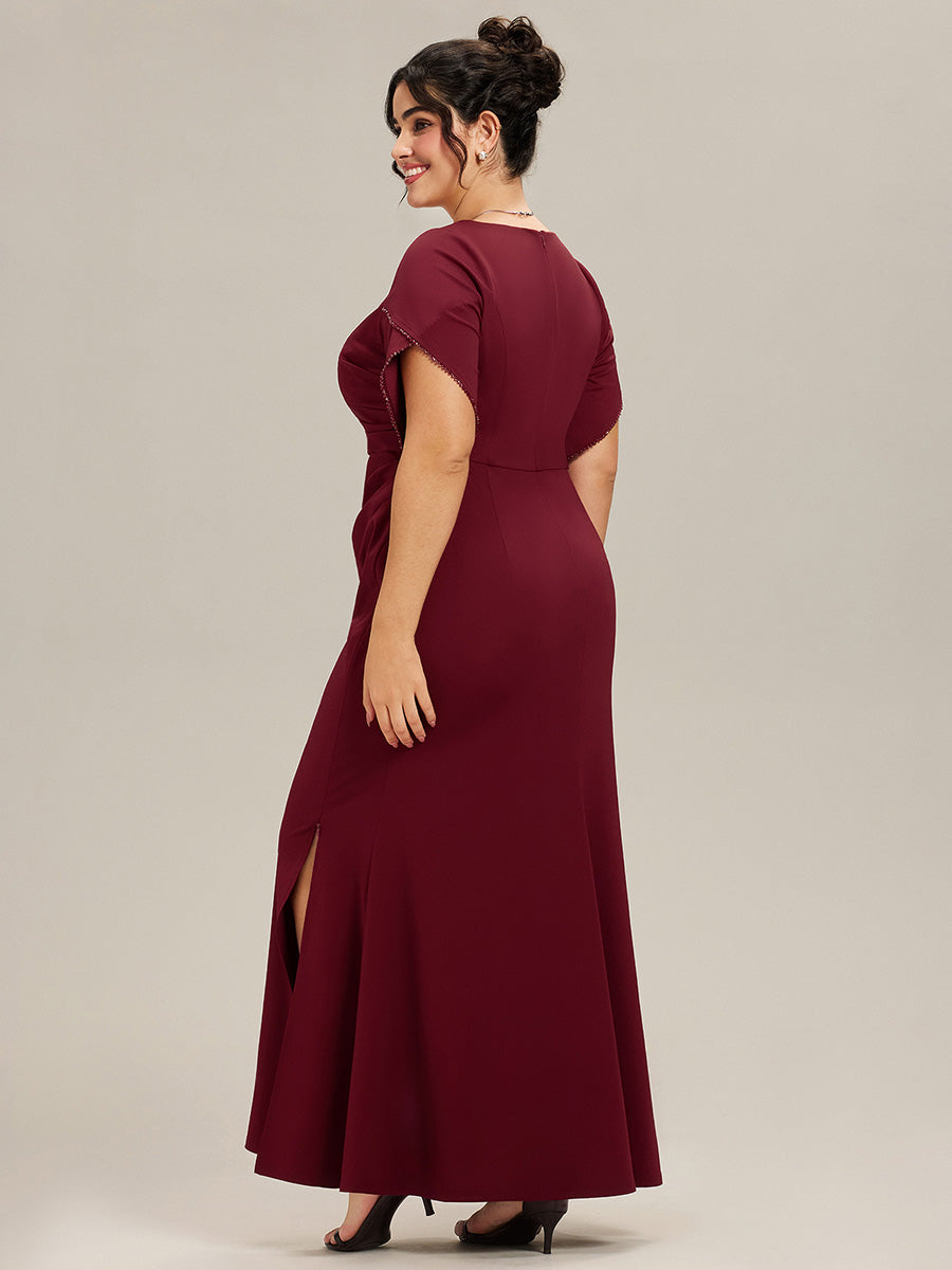 Color=Burgundy | Commercial Wholesale Short Sleeve Fishtail Deep V-Neck Thigh-High Slit Evening Dresses-Burgundy 7