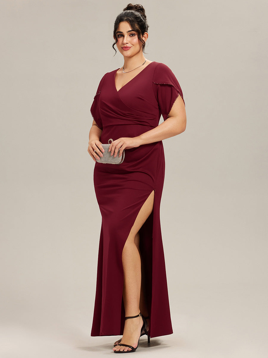 Color=Burgundy | Commercial Wholesale Short Sleeve Fishtail Deep V-Neck Thigh-High Slit Evening Dresses-Burgundy 9