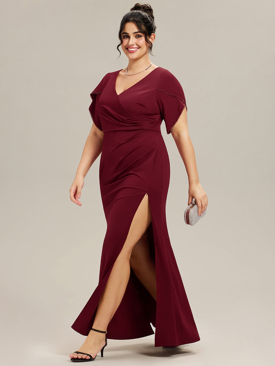 Color=Burgundy | Commercial Wholesale Short Sleeve Fishtail Deep V-Neck Thigh-High Slit Evening Dresses-Burgundy 10