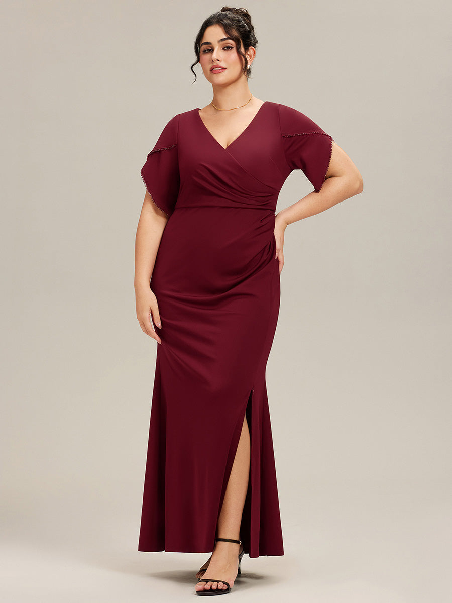 Color=Burgundy | Commercial Wholesale Short Sleeve Fishtail Deep V-Neck Thigh-High Slit Evening Dresses-Burgundy 6
