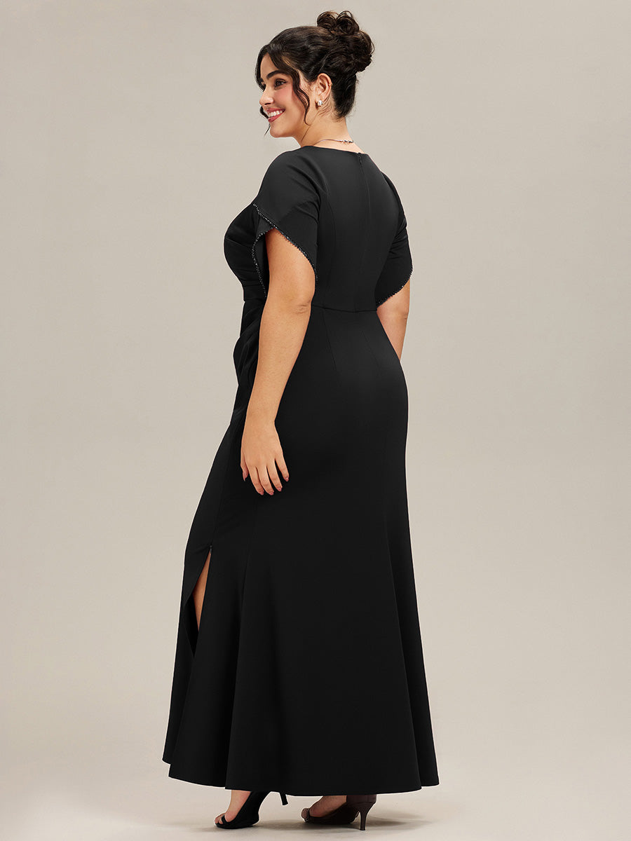 Color=Black | Commercial Wholesale Short Sleeve Fishtail Deep V-Neck Thigh-High Slit Evening Dresses-Black 17