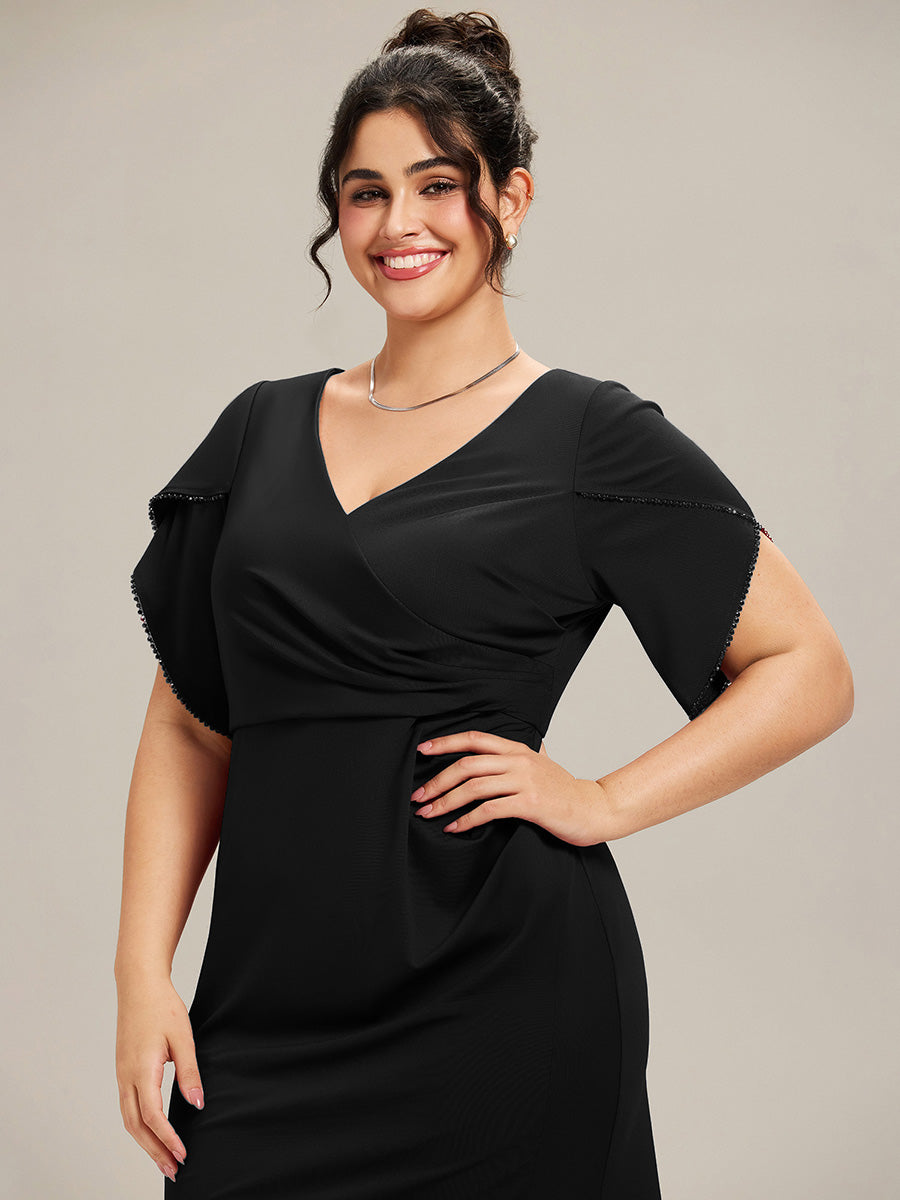 Color=Black | Commercial Wholesale Short Sleeve Fishtail Deep V-Neck Thigh-High Slit Evening Dresses-Black 18