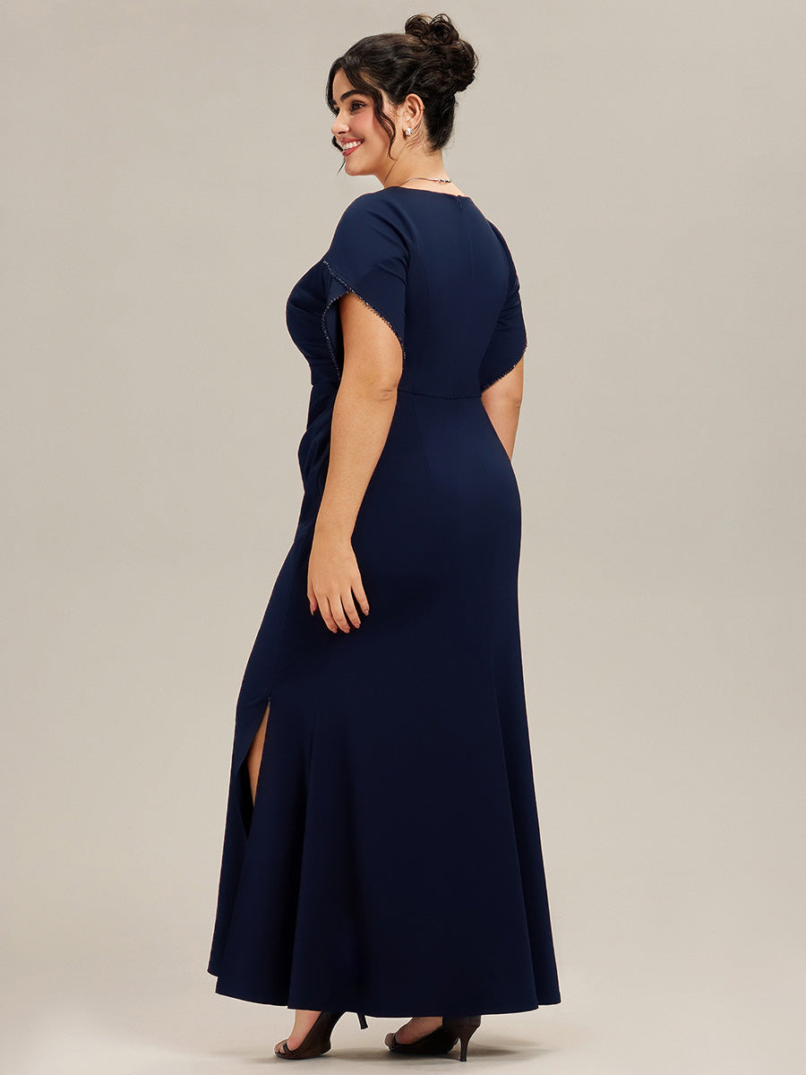 Color=Navy Blue | Commercial Wholesale Short Sleeve Fishtail Deep V-Neck Thigh-High Slit Evening Dresses-Navy Blue 27