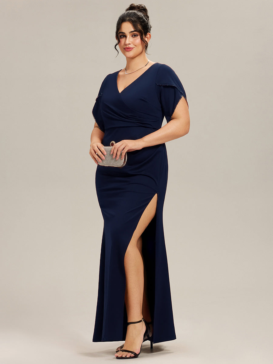 Color=Navy Blue | Commercial Wholesale Short Sleeve Fishtail Deep V-Neck Thigh-High Slit Evening Dresses-Navy Blue 29