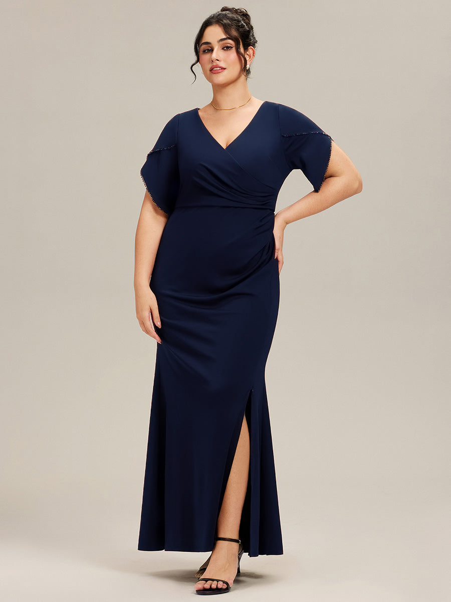 Color=Navy Blue | Commercial Wholesale Short Sleeve Fishtail Deep V-Neck Thigh-High Slit Evening Dresses-Navy Blue 26