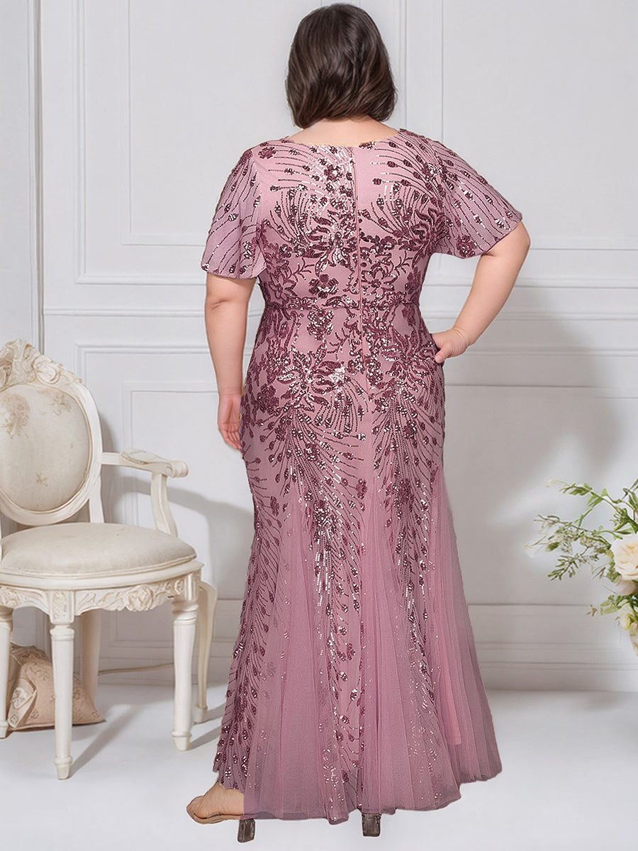 Color=Purple Orchid | B2B-Exclusive Short Sleeve Ruffle Sequin V-Neck A-Line Maxi Evening Dresses-Purple Orchid 7