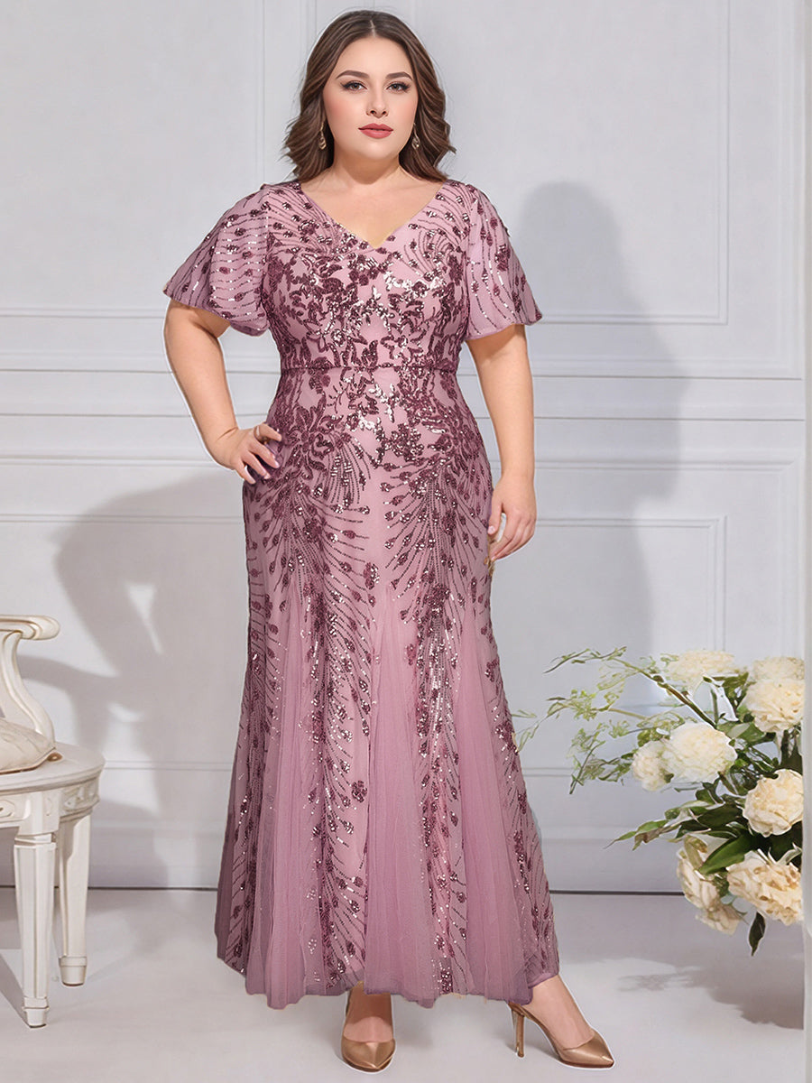 Color=Purple Orchid | B2B-Exclusive Short Sleeve Ruffle Sequin V-Neck A-Line Maxi Evening Dresses-Purple Orchid 6