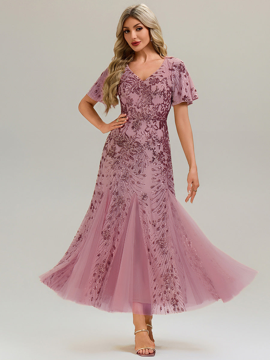 Color=Purple Orchid | B2B-Exclusive Short Sleeve Ruffle Sequin V-Neck A-Line Maxi Evening Dresses-Purple Orchid 1