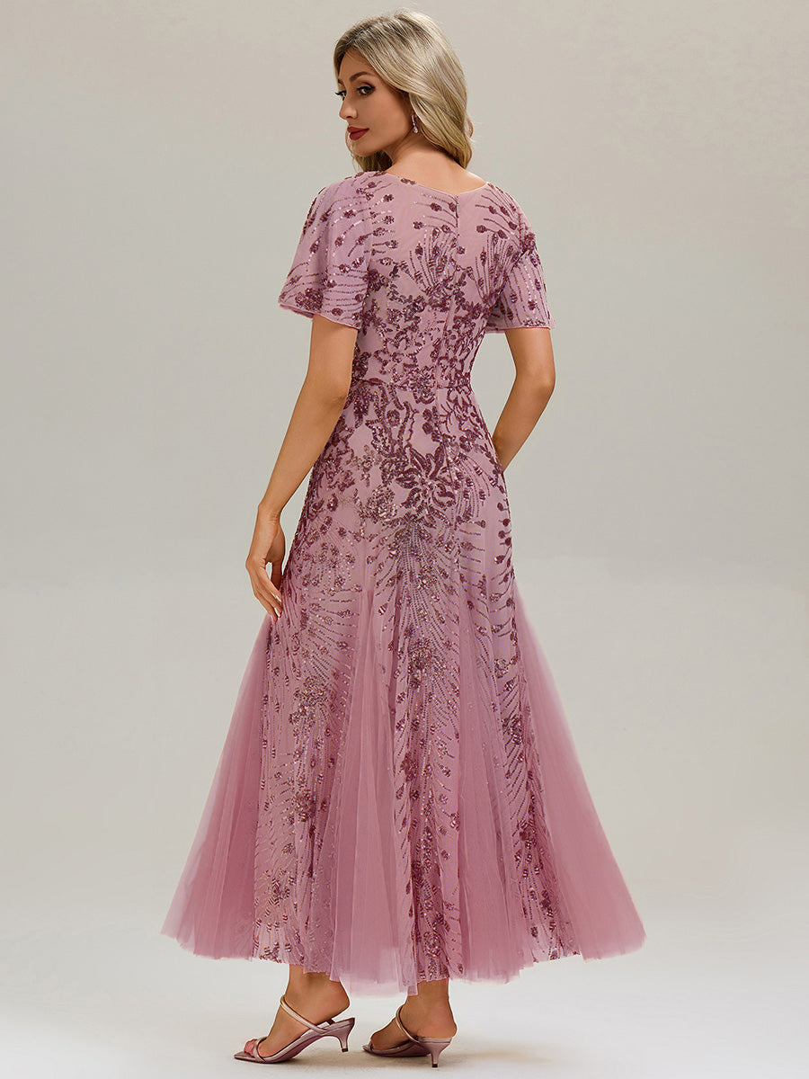 Color=Purple Orchid | B2B-Exclusive Short Sleeve Ruffle Sequin V-Neck A-Line Maxi Evening Dresses-Purple Orchid 2