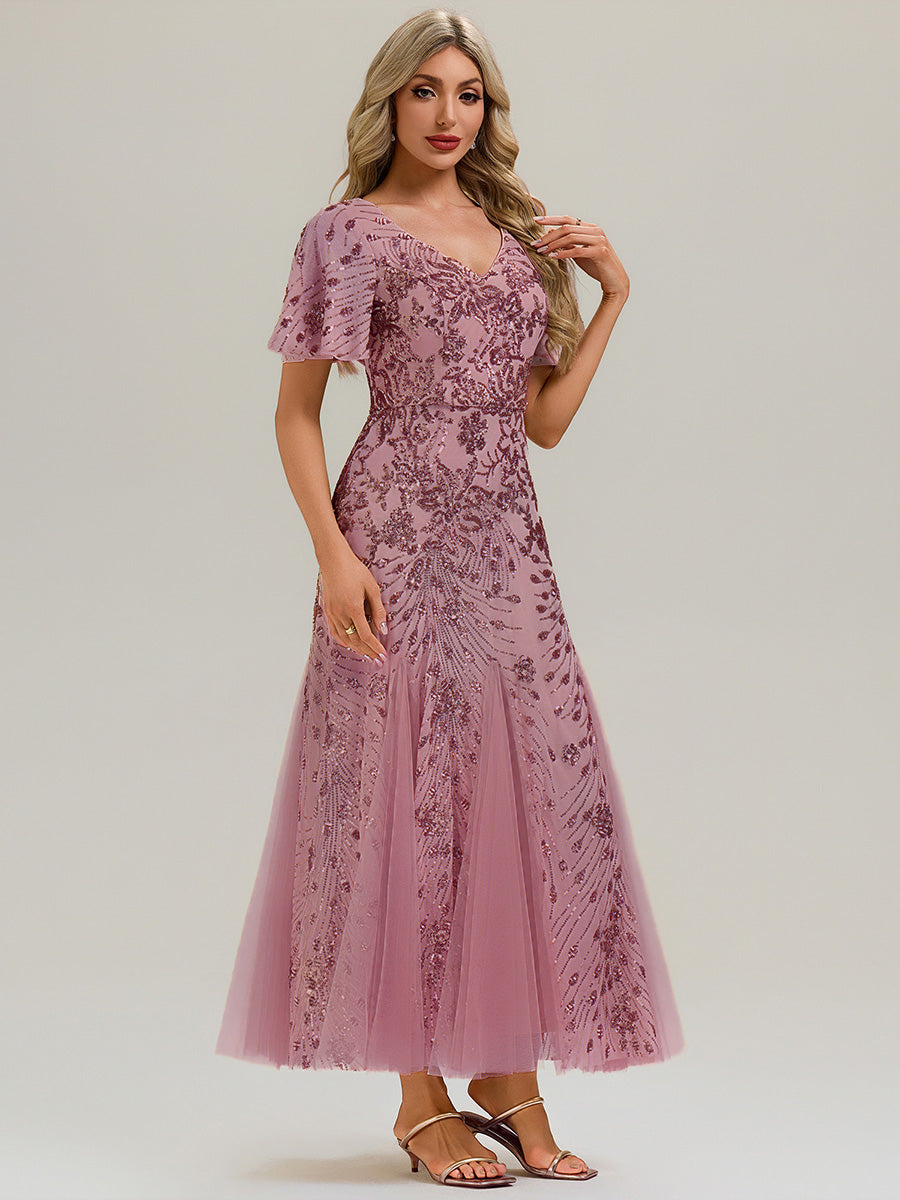 Color=Purple Orchid | B2B-Exclusive Short Sleeve Ruffle Sequin V-Neck A-Line Maxi Evening Dresses-Purple Orchid 4