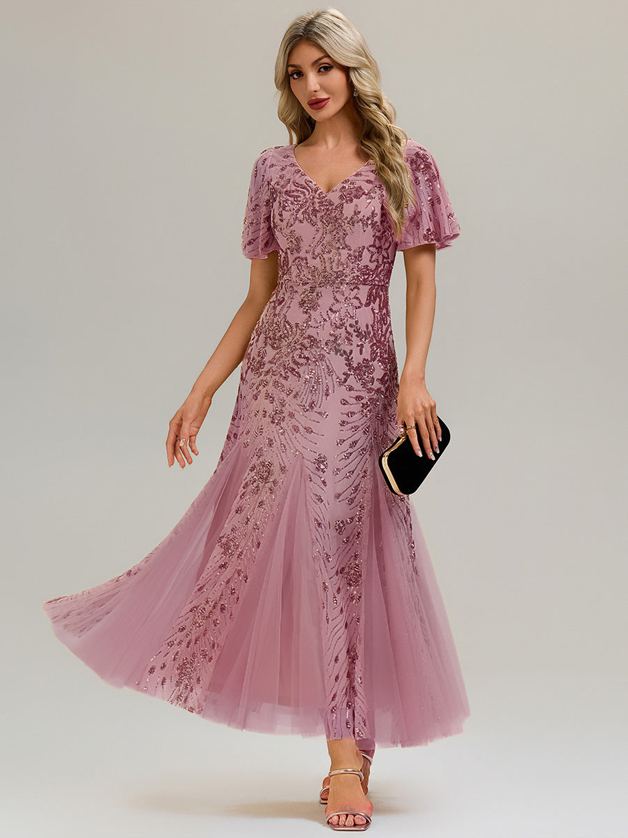 Color=Purple Orchid | B2B-Exclusive Short Sleeve Ruffle Sequin V-Neck A-Line Maxi Evening Dresses-Purple Orchid 5
