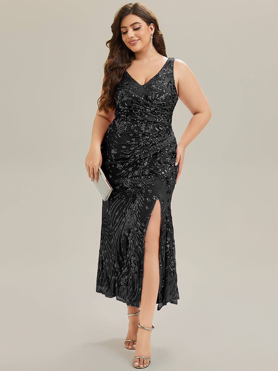 Color=Black | Wholesale Strapless Deep V-Neck Fishtail Maxi Dress with High Stretch Evening Dresses-Black 6