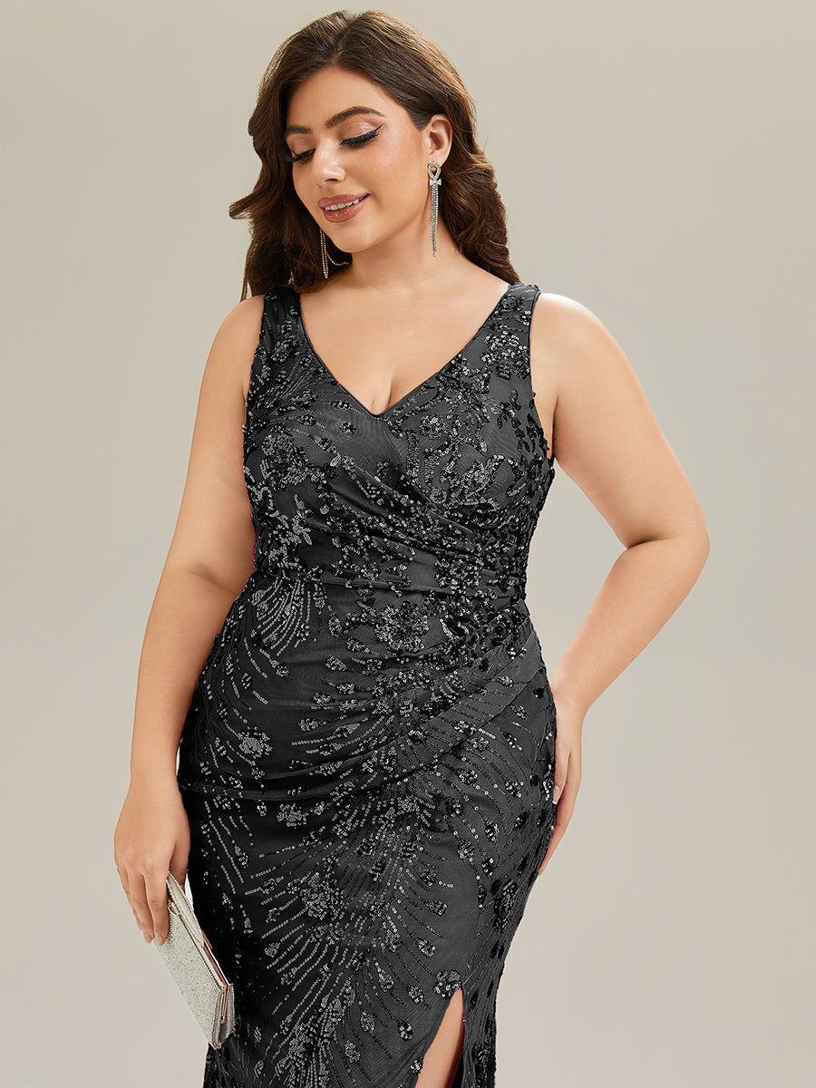 Color=Black | Wholesale Strapless Deep V-Neck Fishtail Maxi Dress with High Stretch Evening Dresses-Black 8