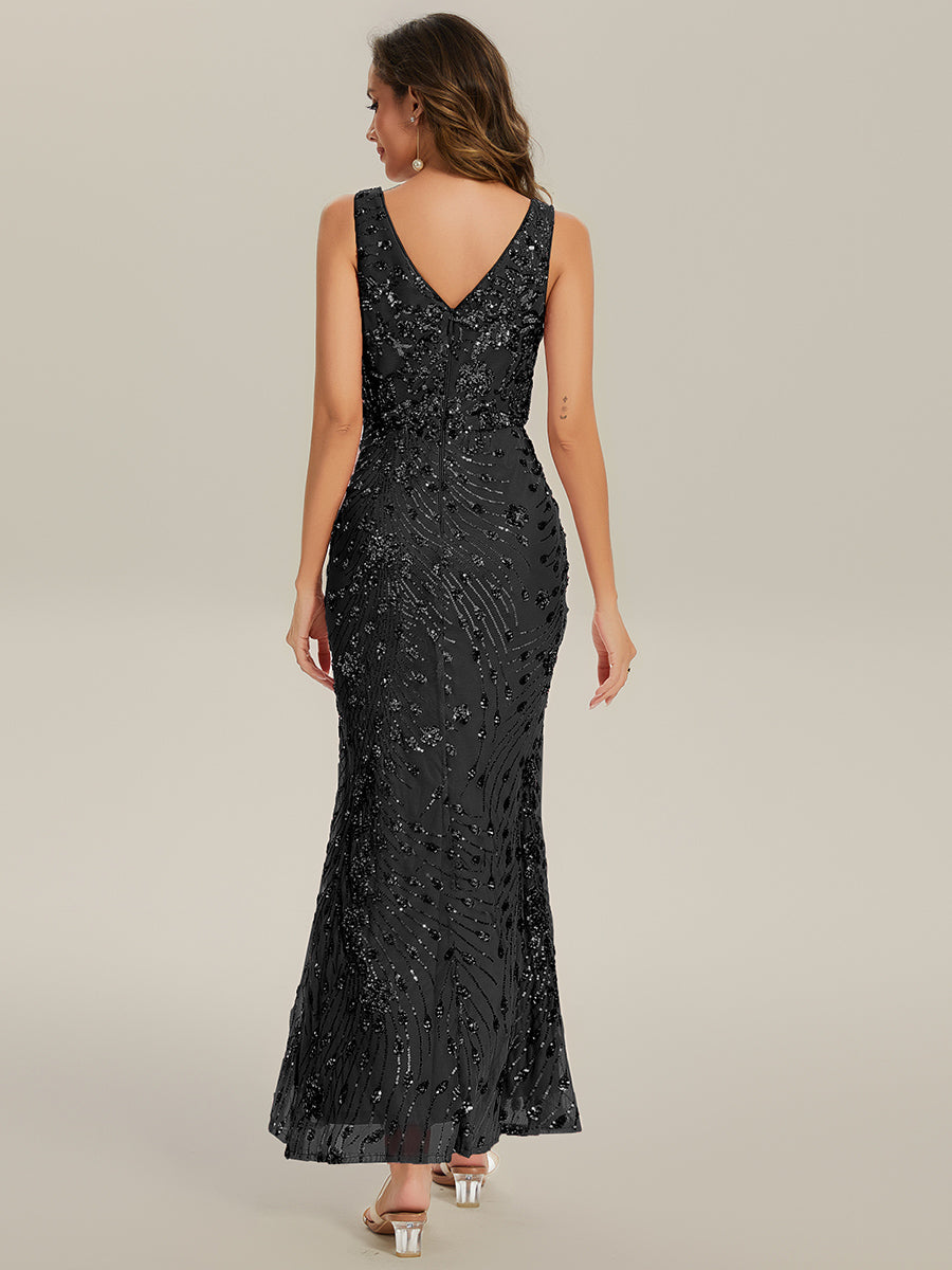 Color=Black | Wholesale Strapless Deep V-Neck Fishtail Maxi Dress with High Stretch Evening Dresses-Black 2