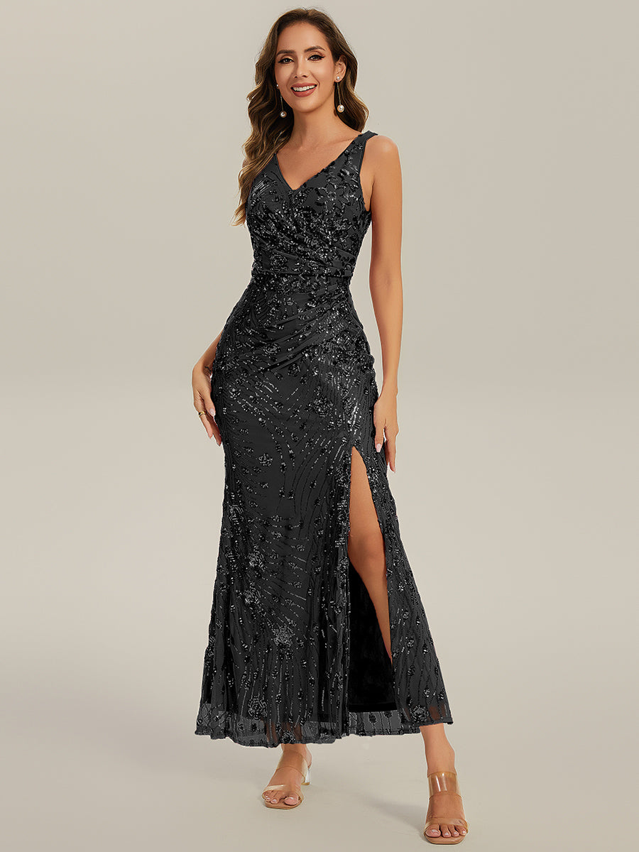 Color=Black | Wholesale Strapless Deep V-Neck Fishtail Maxi Dress with High Stretch Evening Dresses-Black 4