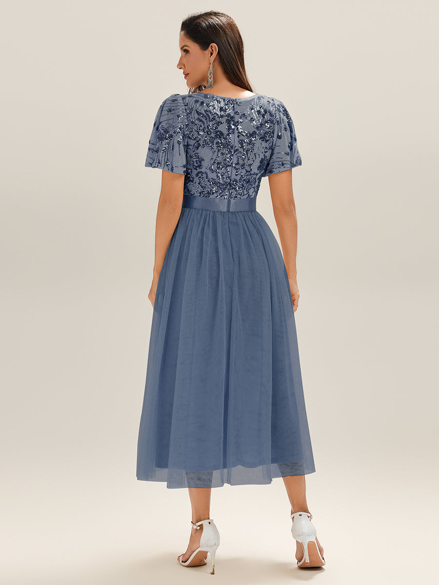 Color=Dusty Blue | Wholesale Short Sleeve Ruffle Sequin Deep V-Neck Fishtail Midi Evening Dresses-Dusty Blue 7