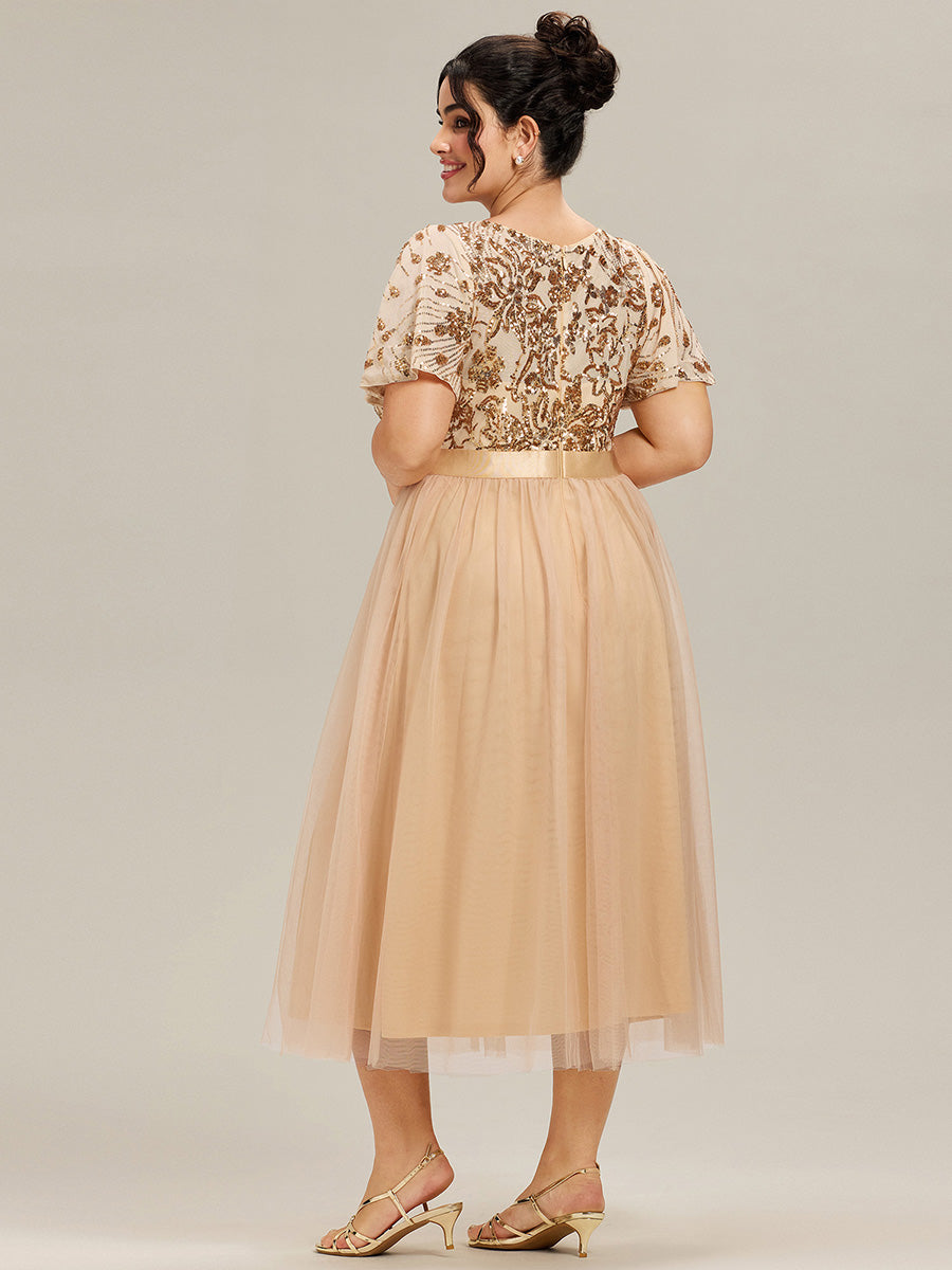 Color=Gold | Wholesale Short Sleeve Ruffle Sequin Deep V-Neck Fishtail Midi Evening Dresses-Gold 17