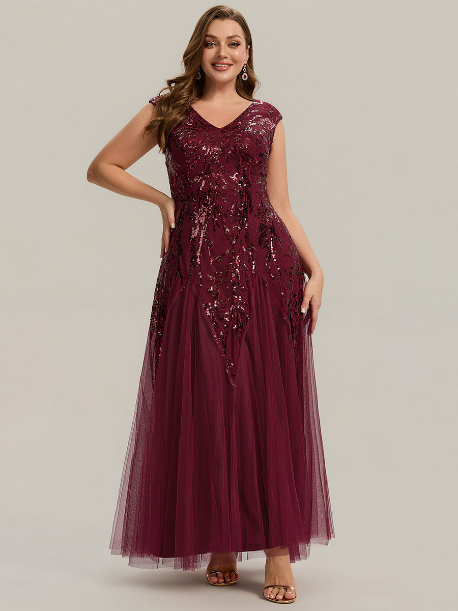 Color=Burgundy | Commercial Wholesale Short Sleeve V-Neck A-Line Maxi Dress with Embroidery & Sequins Evening Dresses-Burgundy 6