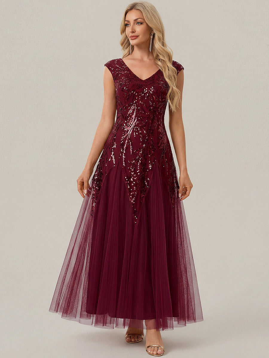 Color=Burgundy | Commercial Wholesale Short Sleeve V-Neck A-Line Maxi Dress with Embroidery & Sequins Evening Dresses-Burgundy 1