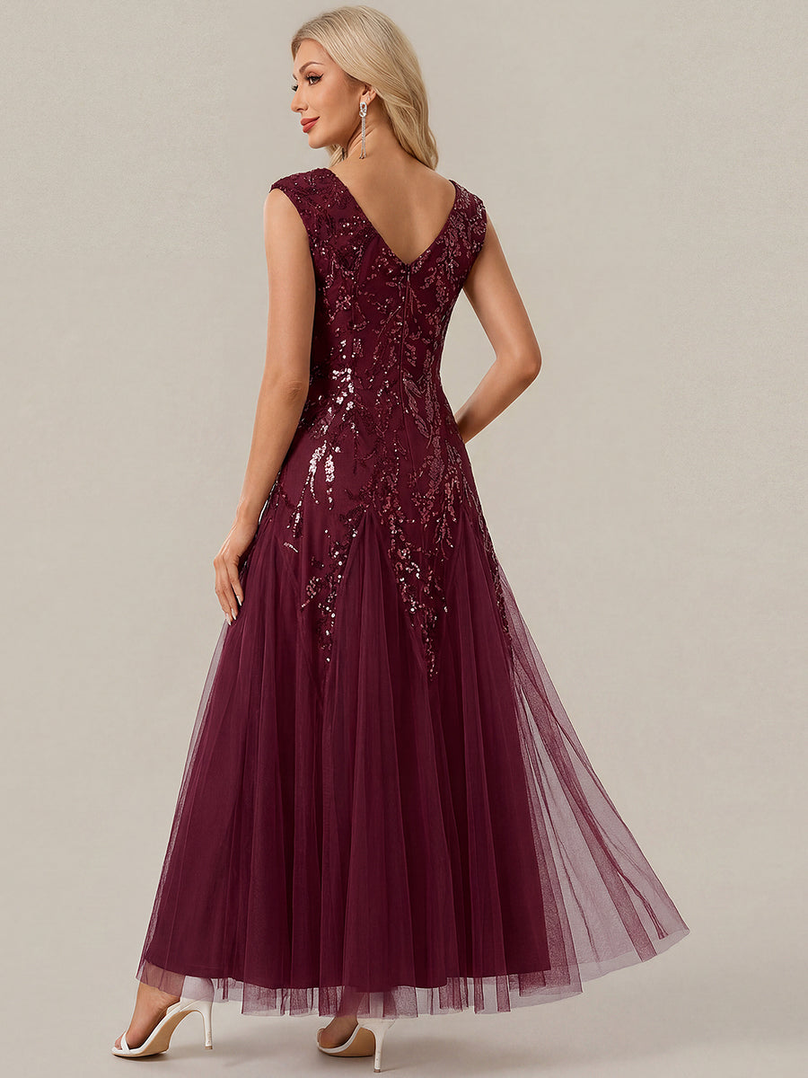 Color=Burgundy | Commercial Wholesale Short Sleeve V-Neck A-Line Maxi Dress with Embroidery & Sequins Evening Dresses-Burgundy 2