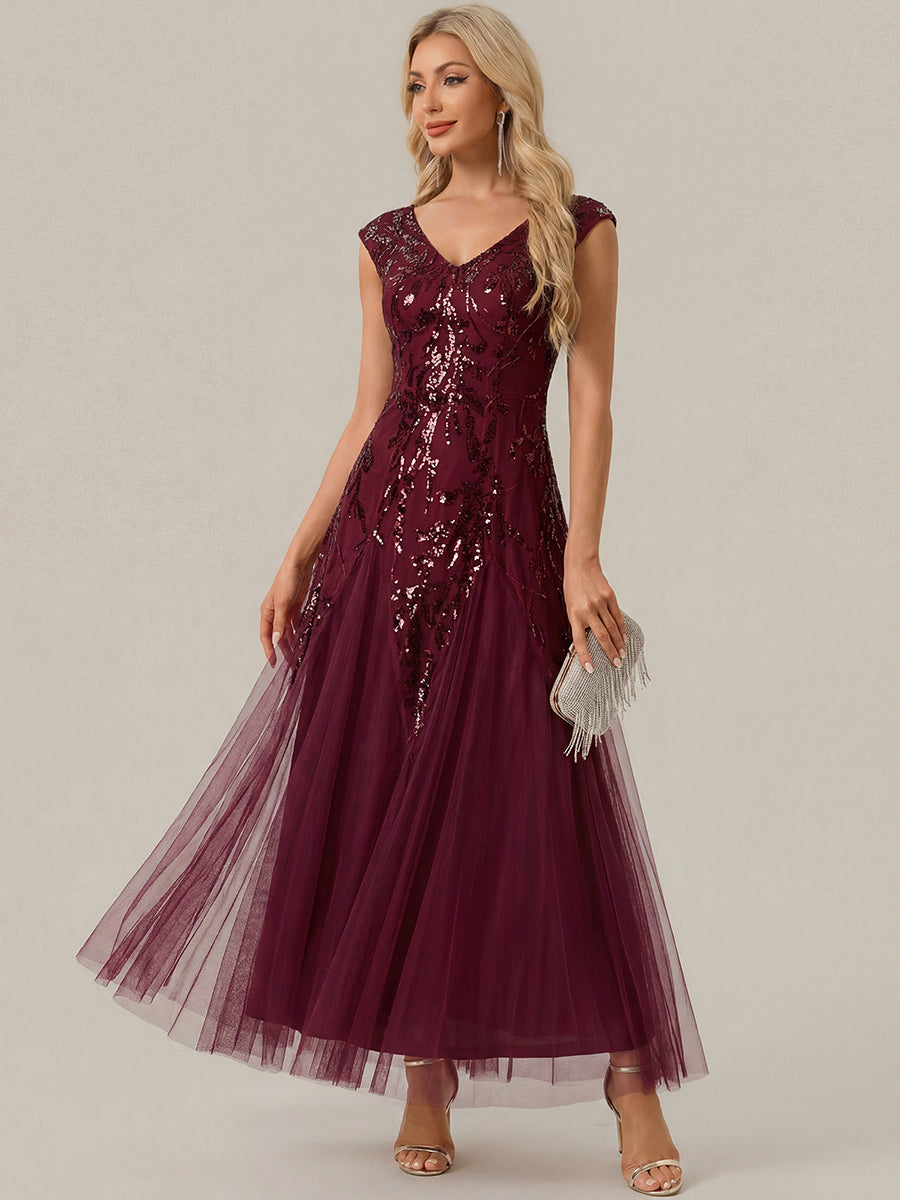 Color=Burgundy | Commercial Wholesale Short Sleeve V-Neck A-Line Maxi Dress with Embroidery & Sequins Evening Dresses-Burgundy 4