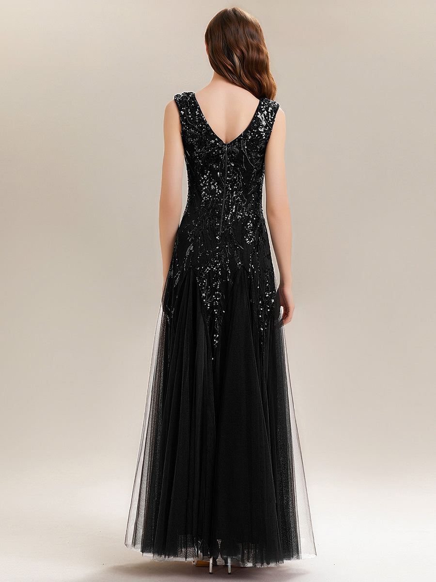 Color=Black | Wholesale Pricing Strapless V-Neck A-Line Floor Length Embroidered Evening Dresses-Black 2