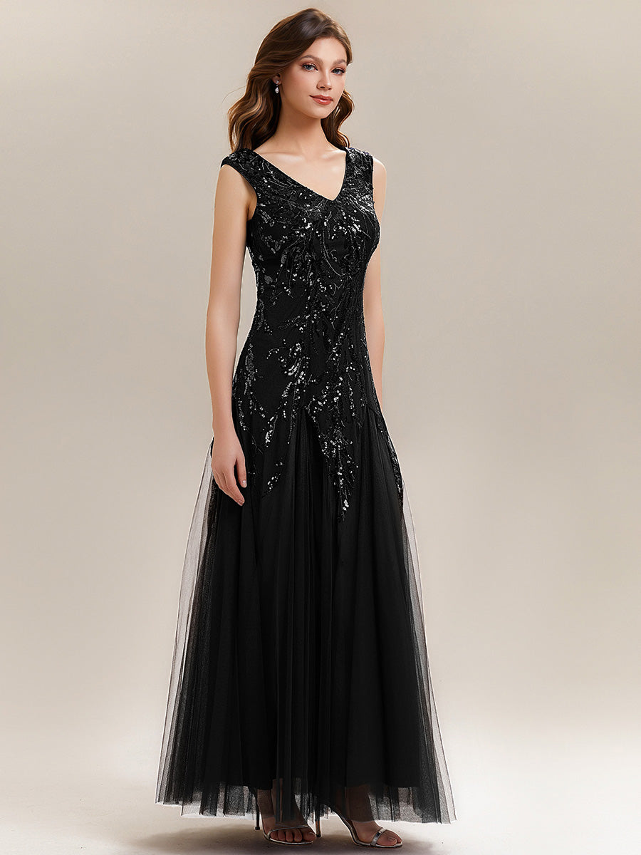 Color=Black | Wholesale Pricing Strapless V-Neck A-Line Floor Length Embroidered Evening Dresses-Black 5