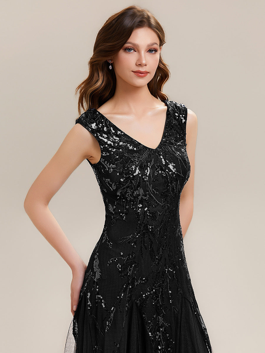 Color=Black | Wholesale Pricing Strapless V-Neck A-Line Floor Length Embroidered Evening Dresses-Black 3