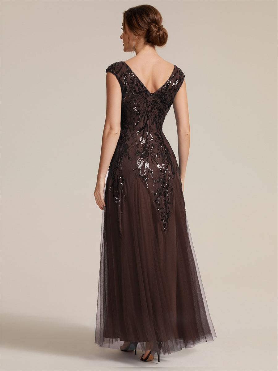 Color=Chocolate brown|Wholesale Pricing Strapless V-Neck A-Line Floor Length Embroidered Evening Dresses-Chocolate brown 2
