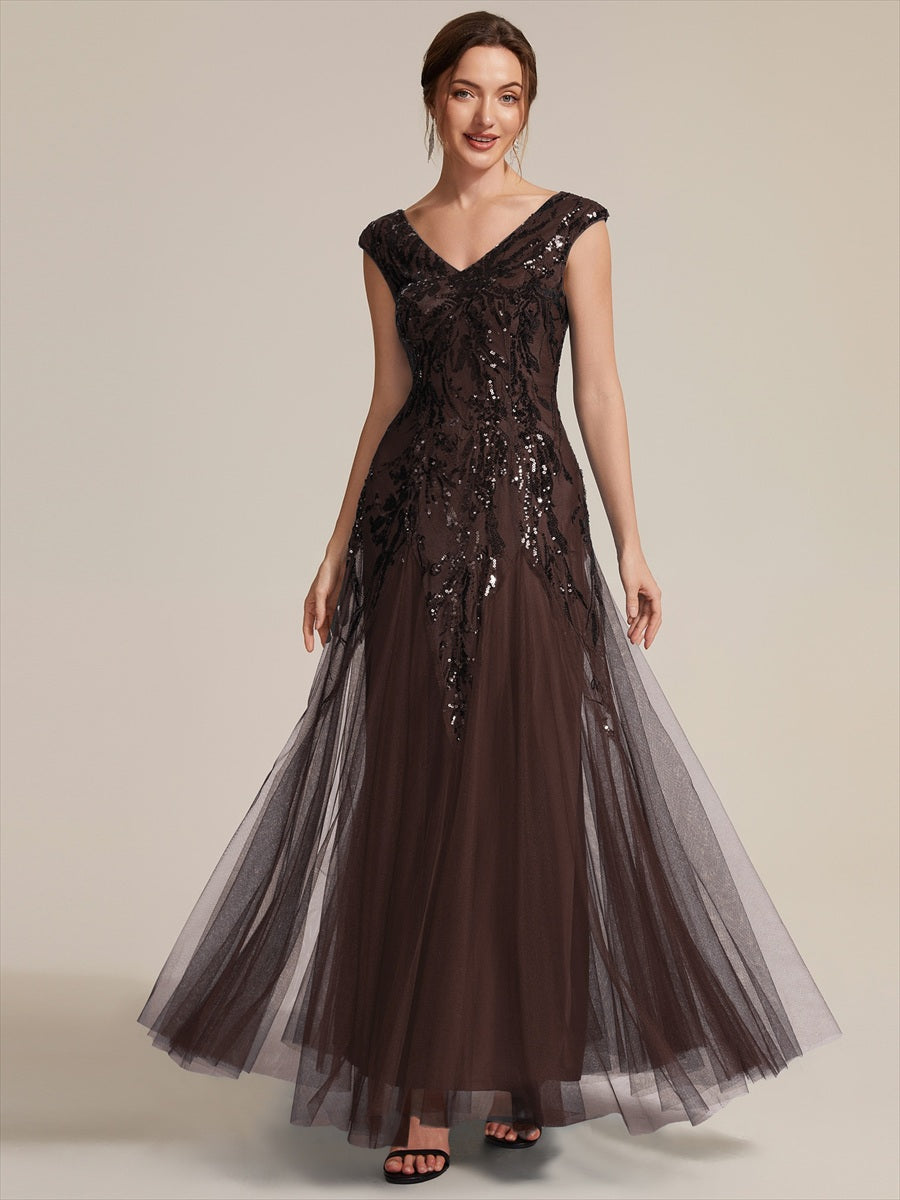 Color=Chocolate brown|Wholesale Pricing Strapless V-Neck A-Line Floor Length Embroidered Evening Dresses-Chocolate brown 3