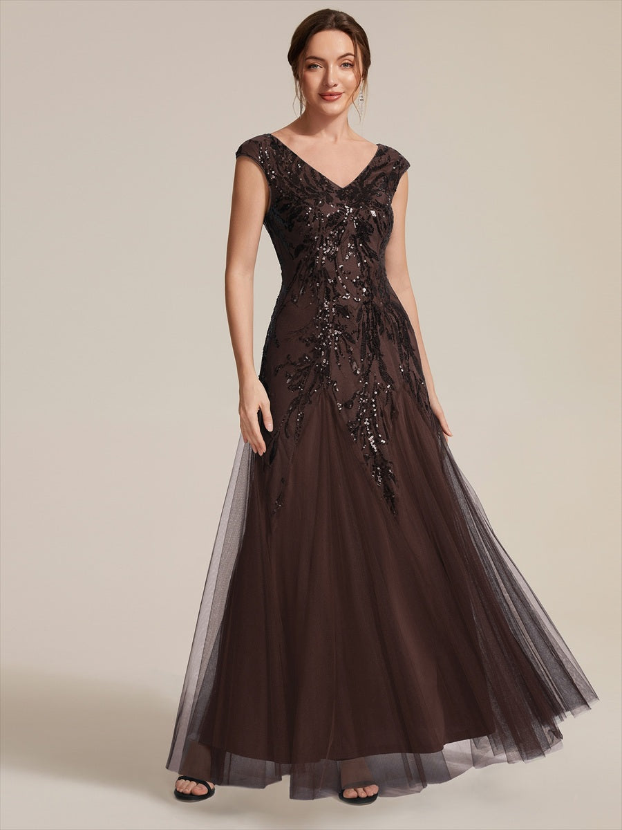 Color=Chocolate brown|Wholesale Pricing Strapless V-Neck A-Line Floor Length Embroidered Evening Dresses-Chocolate brown 4