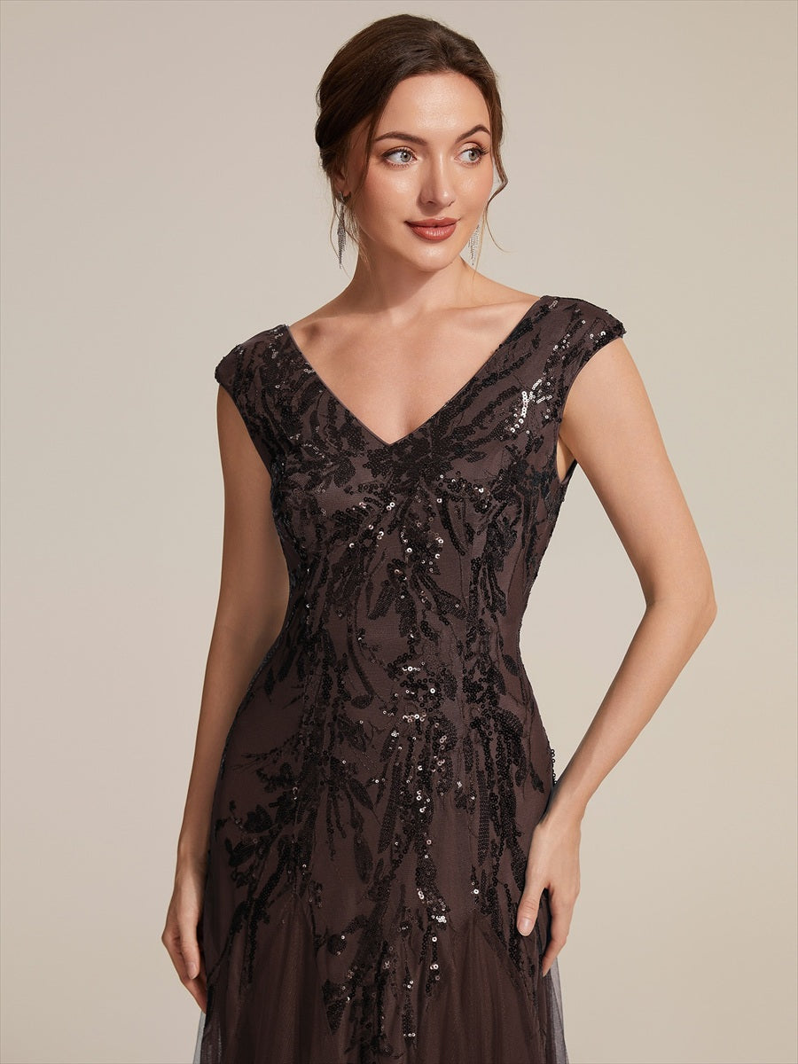 Color=Chocolate brown|Wholesale Pricing Strapless V-Neck A-Line Floor Length Embroidered Evening Dresses-Chocolate brown 5