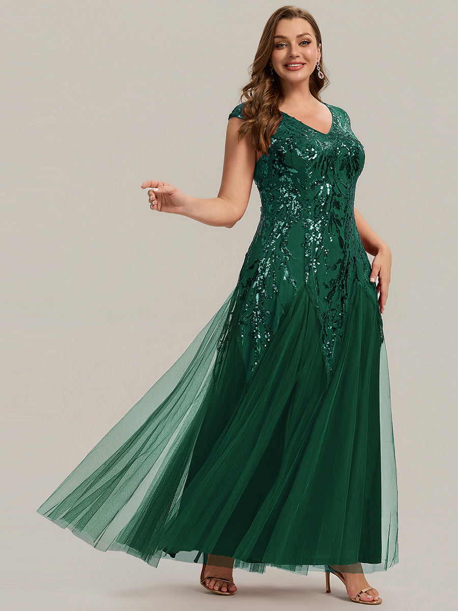 Color=Dark Green | Commercial Wholesale Short Sleeve V-Neck A-Line Maxi Dress with Embroidery & Sequins Evening Dresses-Dark Green 20