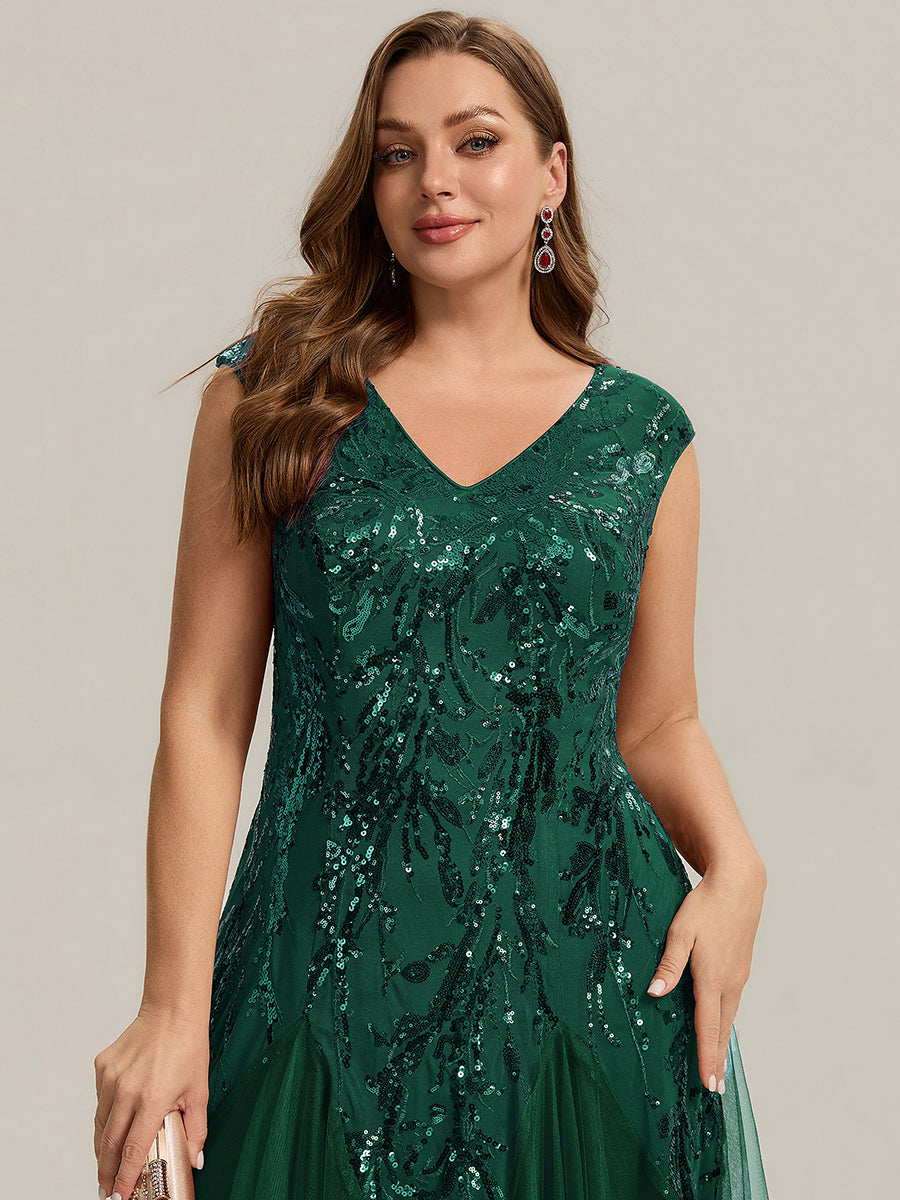 Color=Dark Green | Commercial Wholesale Short Sleeve V-Neck A-Line Maxi Dress with Embroidery & Sequins Evening Dresses-Dark Green 18