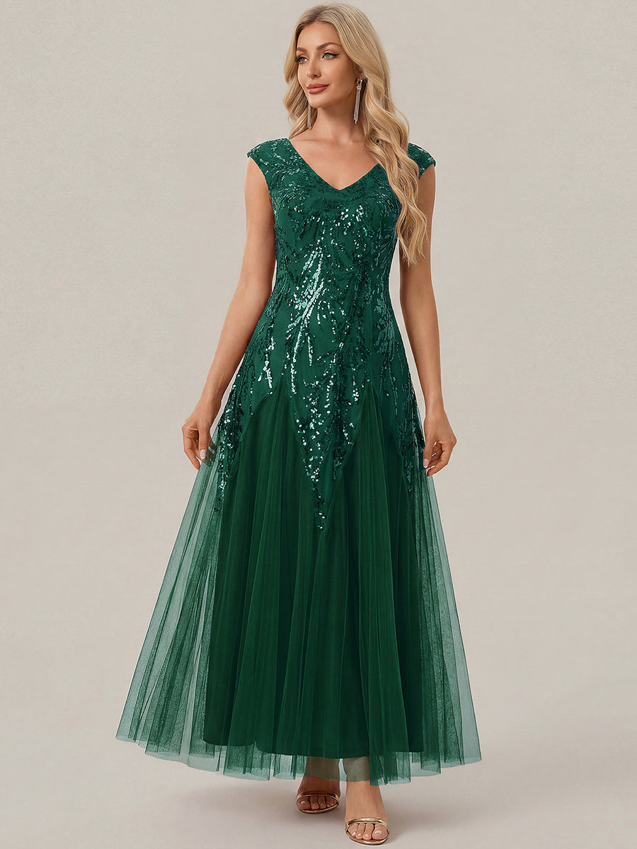 Color=Dark Green | Commercial Wholesale Short Sleeve V-Neck A-Line Maxi Dress with Embroidery & Sequins Evening Dresses-Dark Green 11