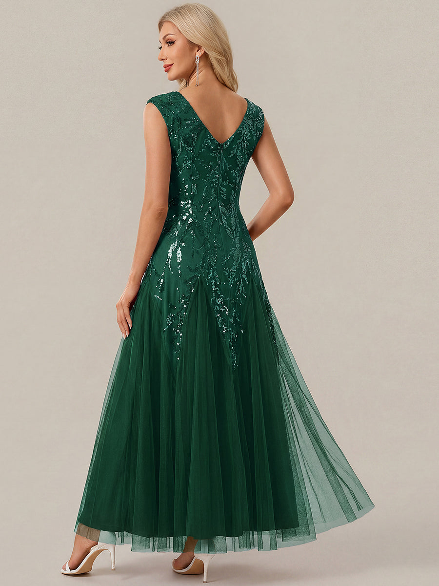 Color=Dark Green | Commercial Wholesale Short Sleeve V-Neck A-Line Maxi Dress with Embroidery & Sequins Evening Dresses-Dark Green 12