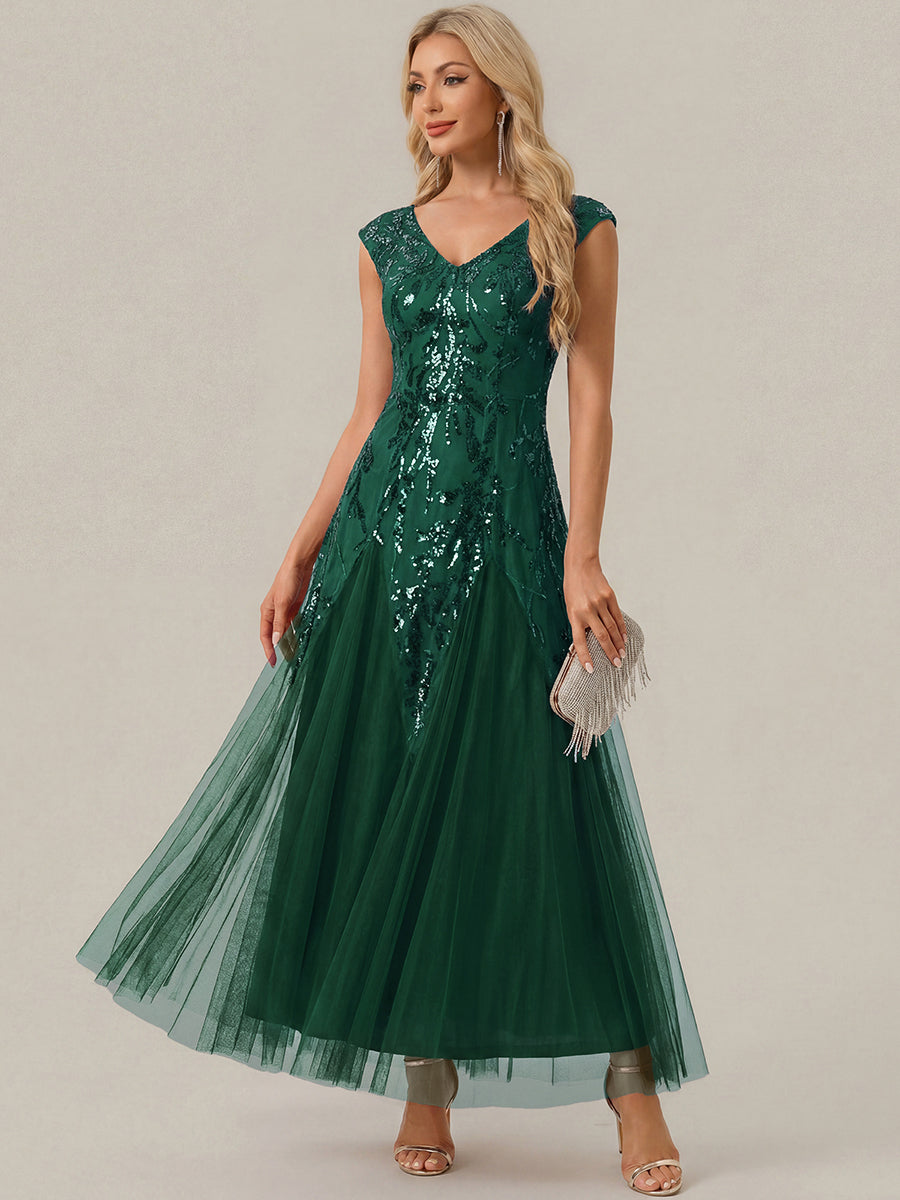 Color=Dark Green | Commercial Wholesale Short Sleeve V-Neck A-Line Maxi Dress with Embroidery & Sequins Evening Dresses-Dark Green 14