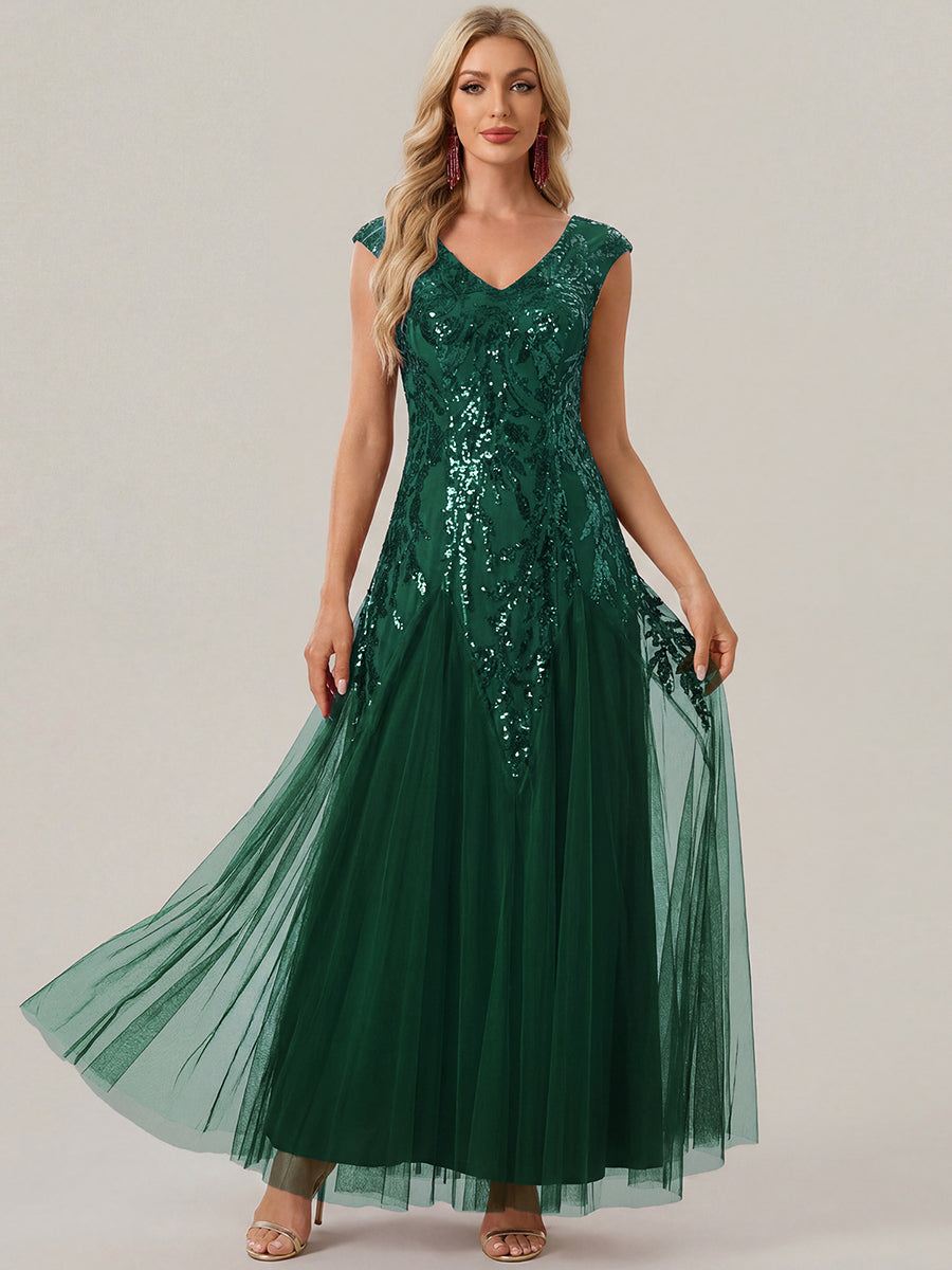 Color=Dark Green | Commercial Wholesale Short Sleeve V-Neck A-Line Maxi Dress with Embroidery & Sequins Evening Dresses-Dark Green 15