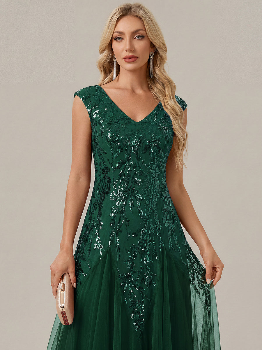 Color=Dark Green | Commercial Wholesale Short Sleeve V-Neck A-Line Maxi Dress with Embroidery & Sequins Evening Dresses-Dark Green 13