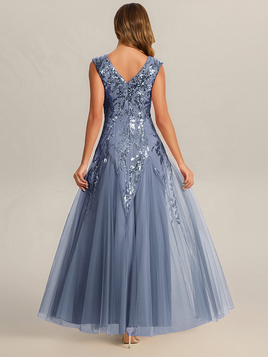 Color=Dusty Blue | One Stop Shop Sleeveless V-Neck Embroidered A-Line Floor Length Evening Dresses-Dusty Blue 2