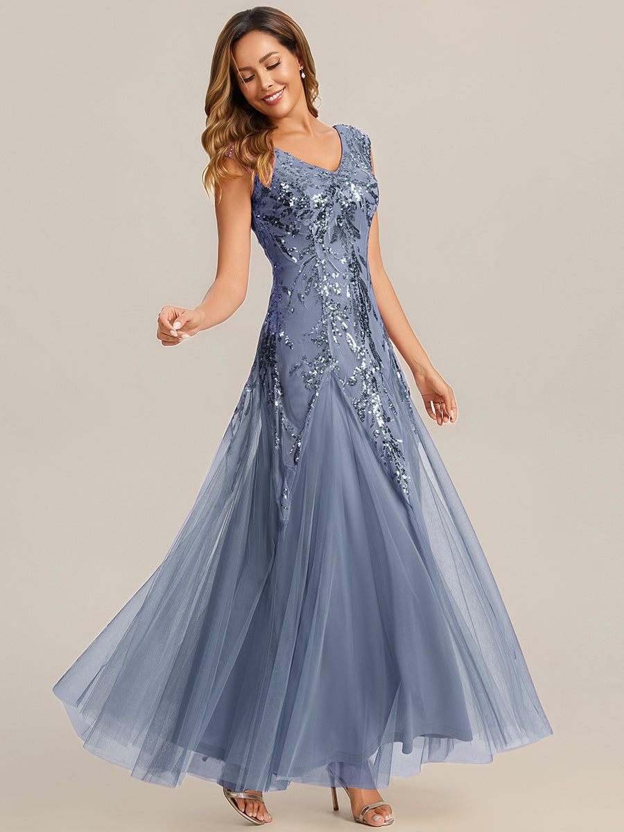 Color=Dusty Blue | One Stop Shop Sleeveless V-Neck Embroidered A-Line Floor Length Evening Dresses-Dusty Blue 4