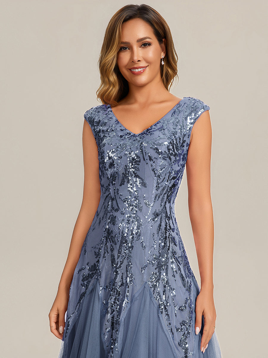 Color=Dusty Blue | One Stop Shop Sleeveless V-Neck Embroidered A-Line Floor Length Evening Dresses-Dusty Blue 3