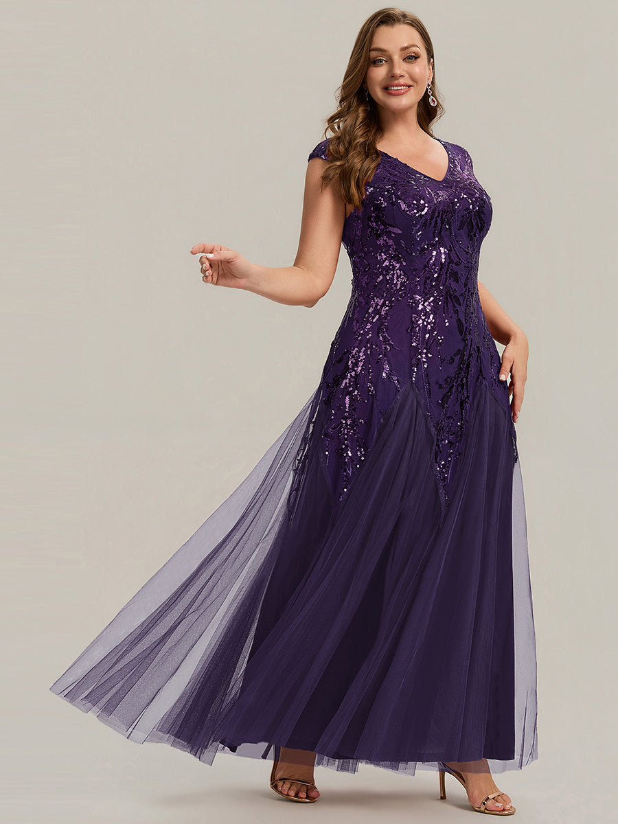 Color=Dark Purple | Commercial Wholesale Short Sleeve V-Neck A-Line Maxi Dress with Embroidery & Sequins Evening Dresses-Dark Purple 30