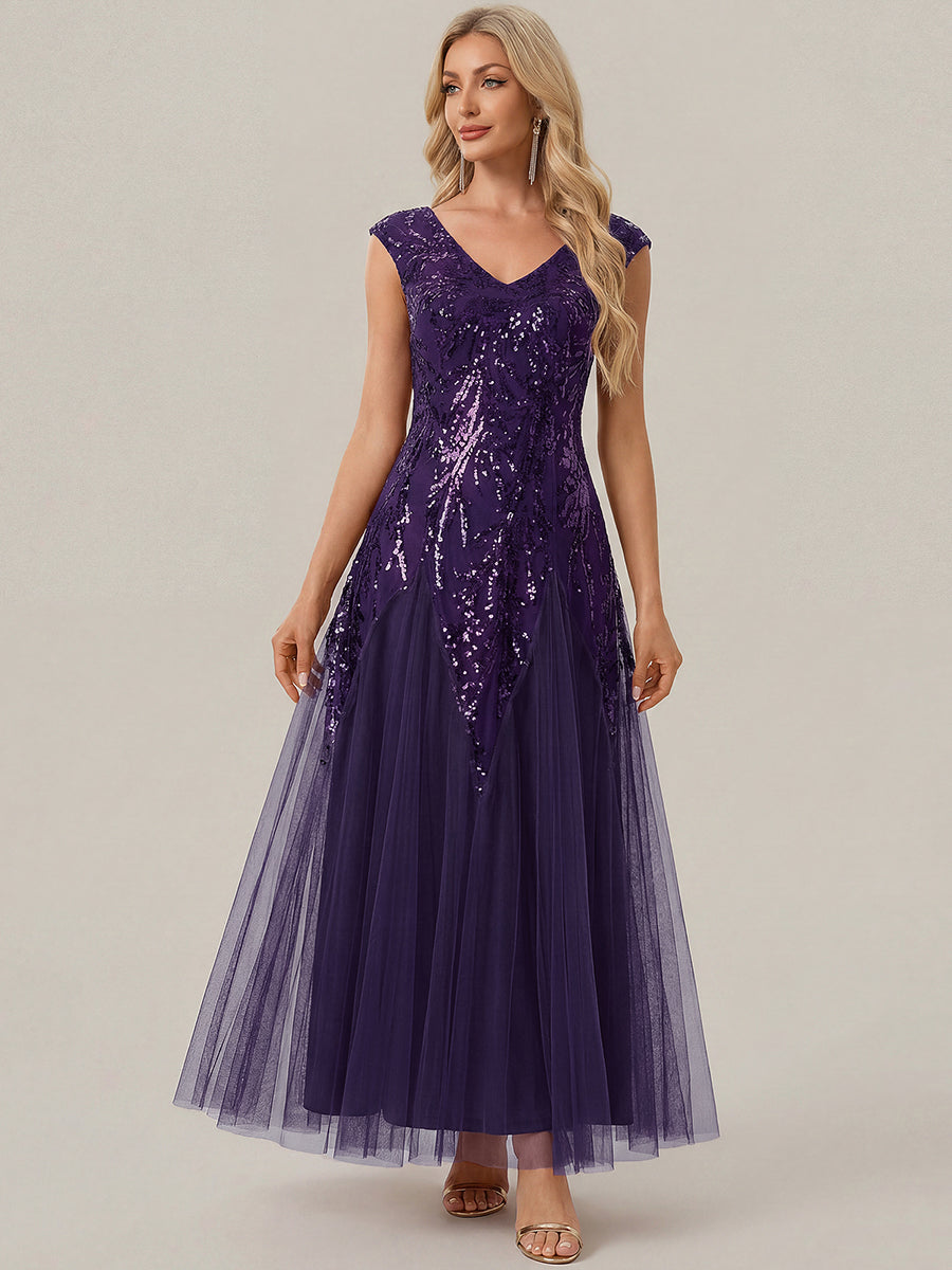 Color=Dark Purple | Commercial Wholesale Short Sleeve V-Neck A-Line Maxi Dress with Embroidery & Sequins Evening Dresses-Dark Purple 21