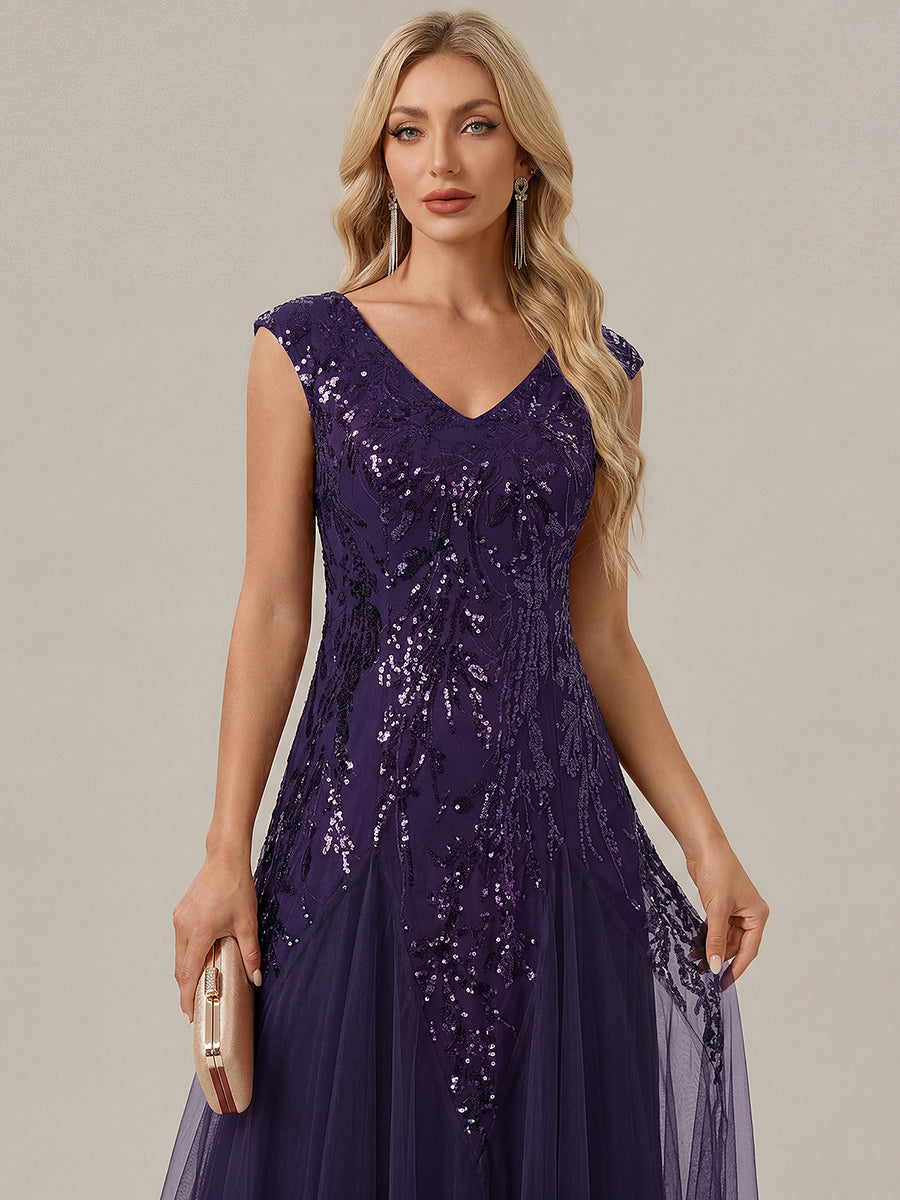 Color=Dark Purple | Commercial Wholesale Short Sleeve V-Neck A-Line Maxi Dress with Embroidery & Sequins Evening Dresses-Dark Purple 23