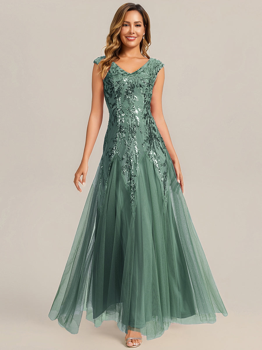 Color=Eucalyptus | EE02559EU | Wholesale Pricing Strapless V-Neck A-Line Floor Length Embroidered Evening Dresses