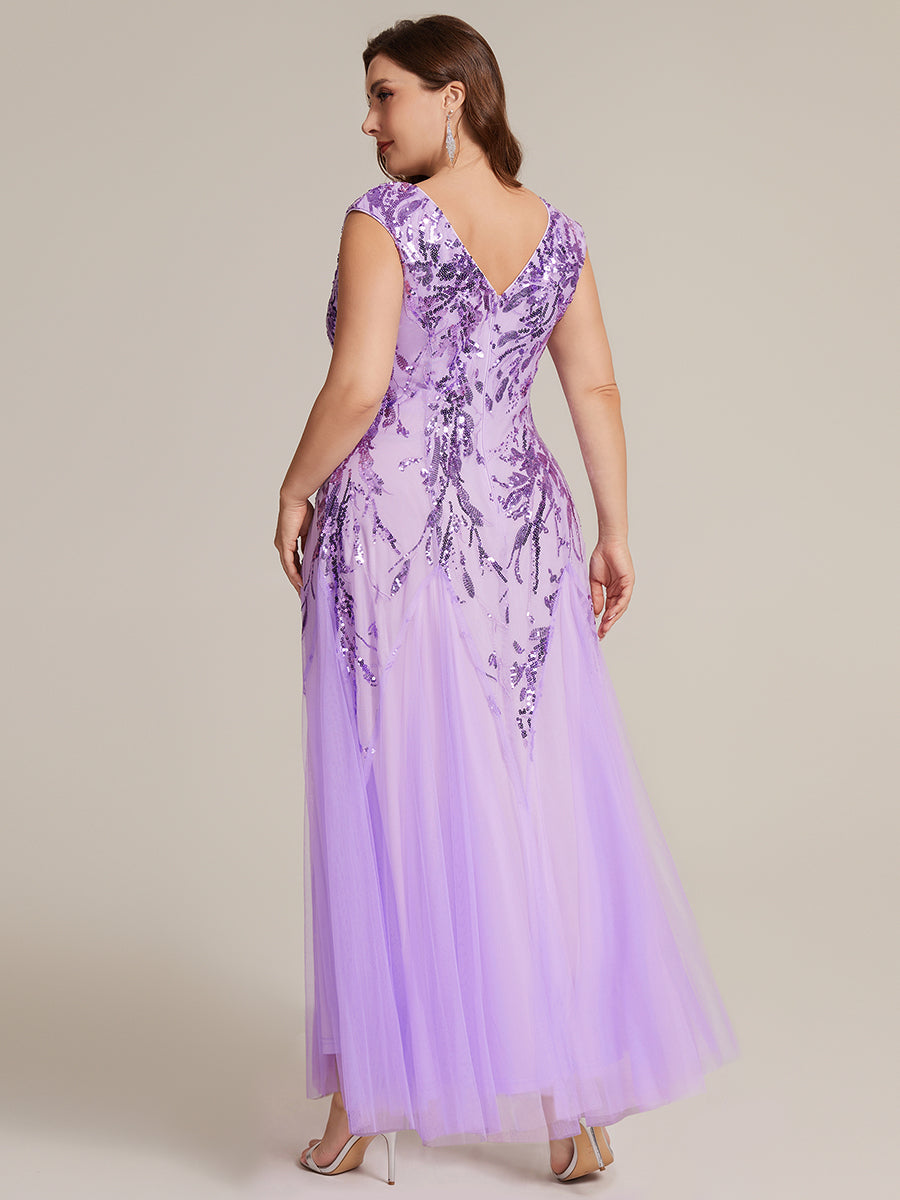 Color=Frosted Lilac | Commercial Wholesale Short Sleeve V-Neck A-Line Maxi Dress with Embroidery & Sequins Evening Dresses-Frosted Lilac 37